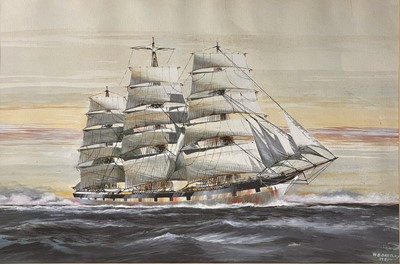 Lot 1448 - W G Beesley Watercolour of Three mast ship,...