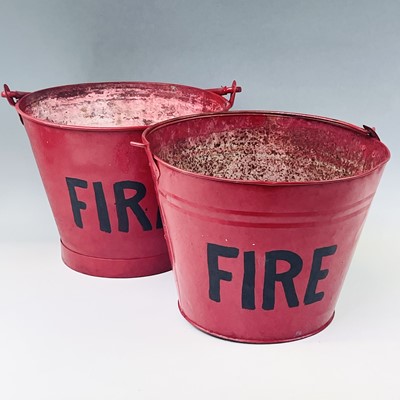 Lot 215 - Three red painted 'FIRE' buckets, height 24cm.