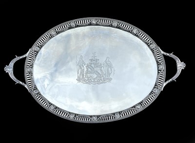 Lot 23 - An impressive Georgian style silver Neo-Classical large oval twin handled tea tray