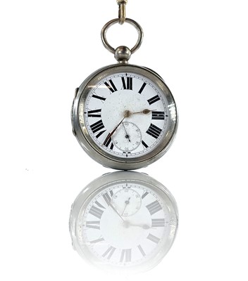 Lot 438 - A nickel cased pocket watch with 42mm white...