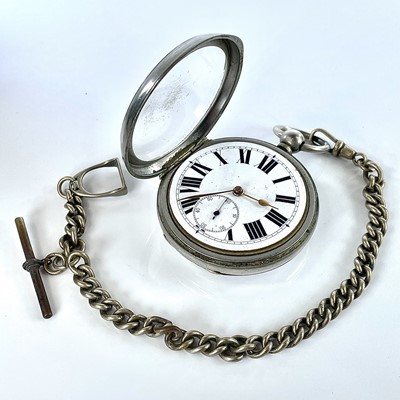 Lot 438 - A nickel cased pocket watch with 42mm white...