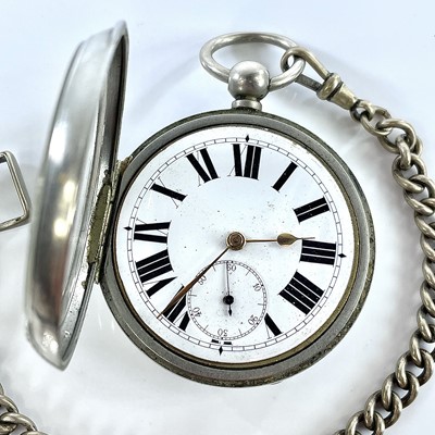 Lot 438 - A nickel cased pocket watch with 42mm white...