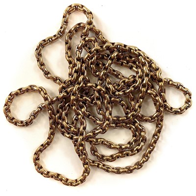 Lot 42 - A heavy gold curb link long guard chain,...