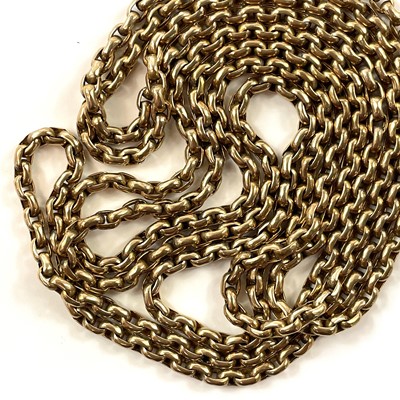Lot 42 - A heavy gold curb link long guard chain,...