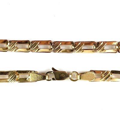 Lot 28 - An 18ct gold fancy rectangular link necklace,...