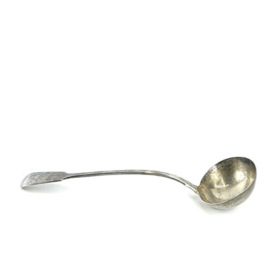 Lot 20 - A George IV silver fiddle pattern soup ladle...