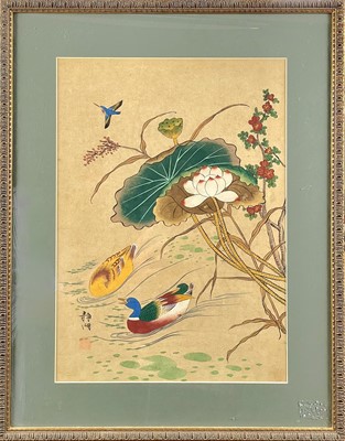 Lot 202 - A Chinese watercolour depicting ducks and flowers, early 20th century.