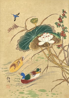 Lot 202 - A Chinese watercolour depicting ducks and flowers, early 20th century.