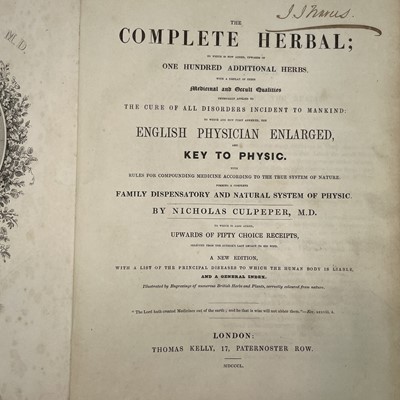 Lot 213 - NICHOLAS CULPEPPER. 'The Complete Herbal; ........