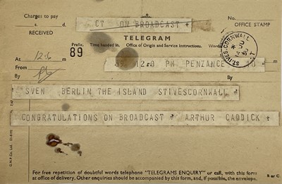 Lot 145 - A telegram to 'Sven Berlin The Island St Ives...