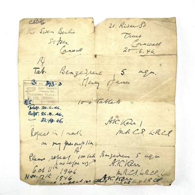 Lot 275 - Sven Berlin's 1946 prescription for 100...