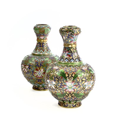 Lot 196 - Two similar Chinese champleve gilt metal vases,...