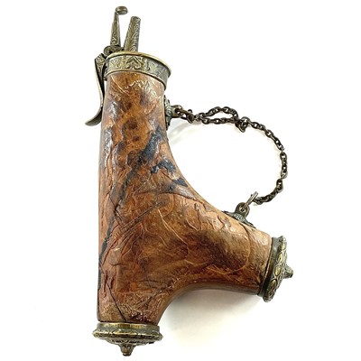 Lot 170 - A hardwood and brass mounted powder flask...
