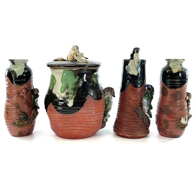 Lot 158 - A Japanese Sumida Gawa pottery lidded jar,...