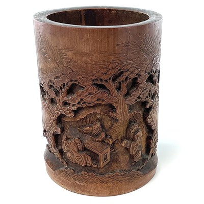 Lot 181 - A Chinese carved bamboo brush pot, 19th...