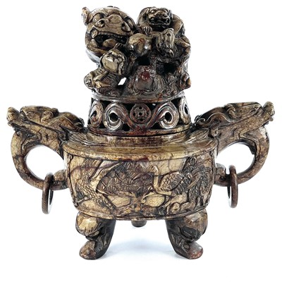 Lot 259 - A Chinese carved soapstone koro and cover,...