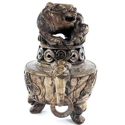 Lot 259 - A Chinese carved soapstone koro and cover,...