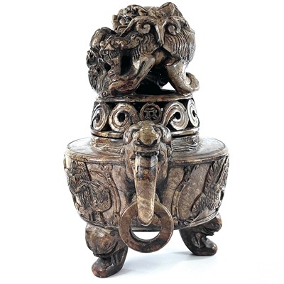Lot 259 - A Chinese carved soapstone koro and cover,...