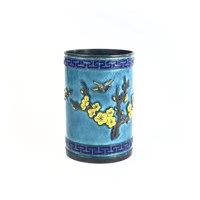 Lot 280 - A Chinese silver and enamel brush pot,...