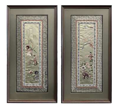 Lot 293 - A pair of Chinese silk embroidered panels of a...