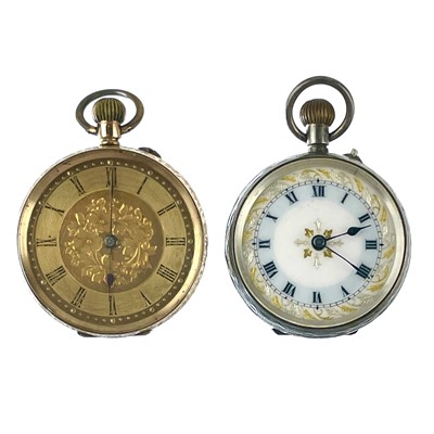 Lot 370 - A 14ct gold crown wind fob watch with foliate engraved case.