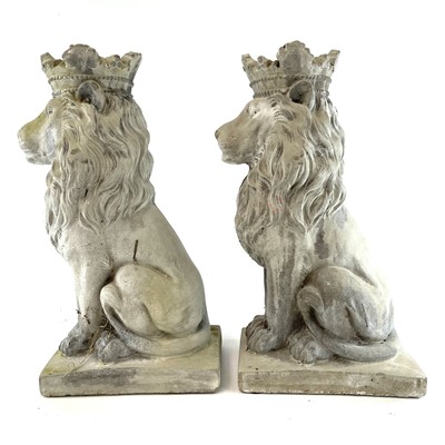 Lot 615 - A pair of concrete lions, height 38cm.