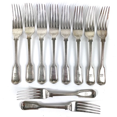 Lot 107 - A Victorian silver set of ten fiddle and thread pattern dessert forks by G Jackson & D Fullerton..