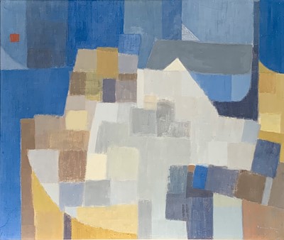 Lot 338 - Rosina ROGERS (1918-2011) Squares on Blue Oil...