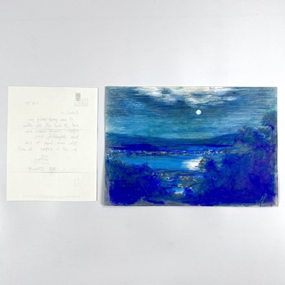 Lot 32 - A 'Ronnie Wood' original lake scene in pastel with a signed Johnny Depp letter.