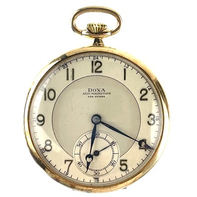 Lot 352 - Doxa 18ct gold open face crown wind dress pocket watch.