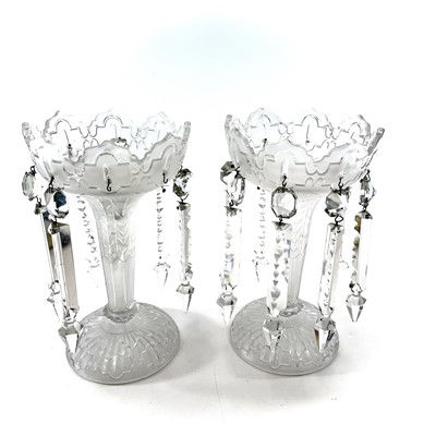 Lot 934 - A pair of Victorian frosted glass lustre vases,...