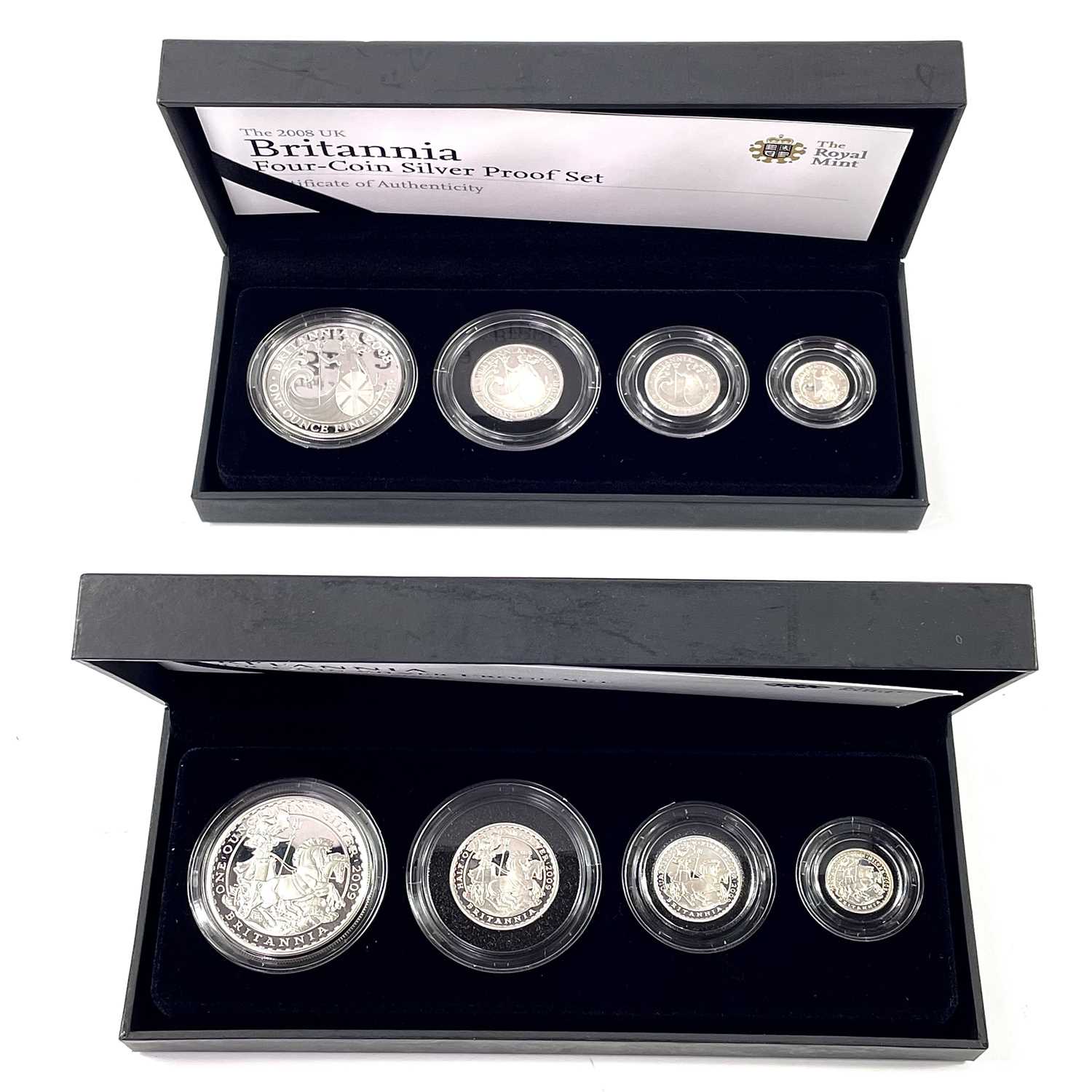 Lot 57 - 2008 & 2009 Royal Mint GB cased Silver proof Britannia Collection of 4 coins (x2).