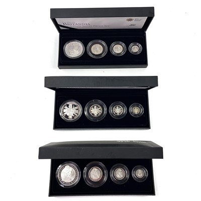 Lot 58 - 2010, 2011 and 2012 Royal Mint Great Britain cased silver proof Britannia Collection of 4 coins (x3)