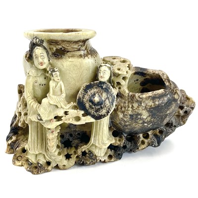 Lot 181 - A large Chinese soapstone group carving.