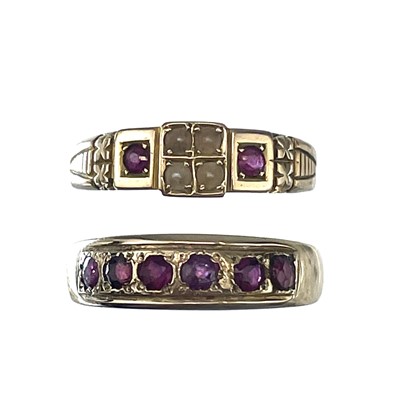 Lot 144 - A 15ct hallmarked gold ruby and seed pearl set ring.