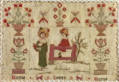 Lot 1604 - A Victorian framed wool work sampler, Home...