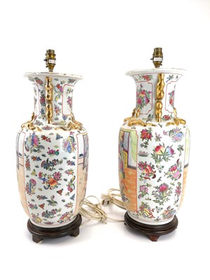 Lot 92 - A pair of Chinese Canton porcelain vases, converted to table lamps, 20th century