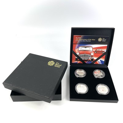 Lot 120 - Alderney 50th Anniversary of the Mini 4x £5 Royal Mint 2009 Silver Proof Coin Set of 4x £5 coins.