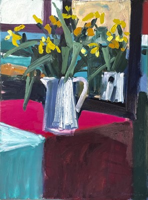 Lot 593 - Brian BALLARD (1943) Irises on Pink Oil on...