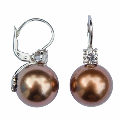 Lot 147 - A pair of contemporary cultured bronze pearl and diamond earrings.