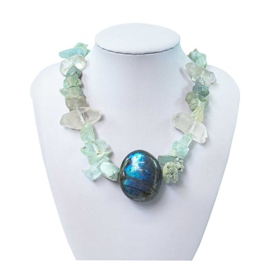 Lot 259 - A contemporary labradorite and raw aquamarine and crystal necklace.