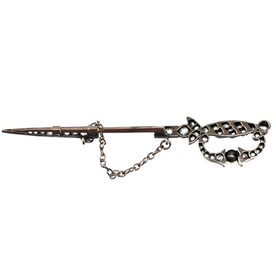 Lot 216 - A Victorian gold, white metal and diamond and pearl set jabot pin in the form of a sword.