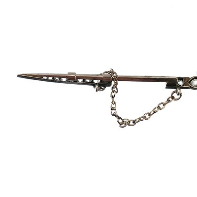 Lot 216 - A Victorian gold, white metal and diamond and pearl set jabot pin in the form of a sword.