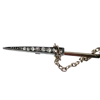 Lot 216 - A Victorian gold, white metal and diamond and pearl set jabot pin in the form of a sword.