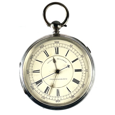 Lot 379 - A centre seconds chronograph key wind pocket watch in silver case