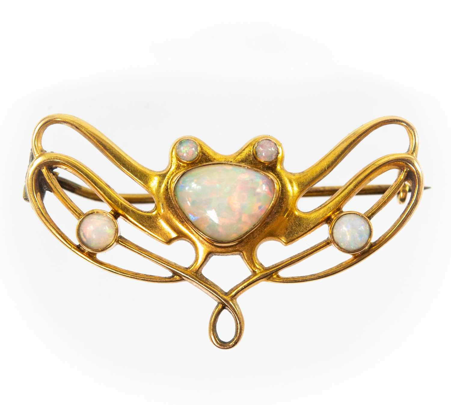 Lot 156 - An early 20th century gold five stone opal set Art Nouveau brooch.