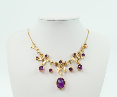 Lot 111 - Edwardian 15ct rose gold amethyst and pearl necklace by T. Gaunt & Co London & Melbourne.