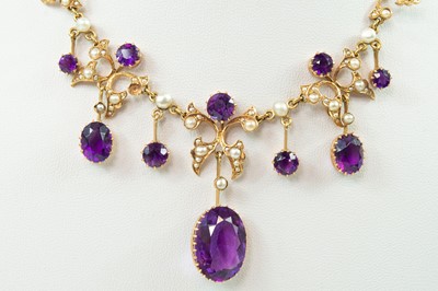 Lot 111 - Edwardian 15ct rose gold amethyst and pearl necklace by T. Gaunt & Co London & Melbourne.