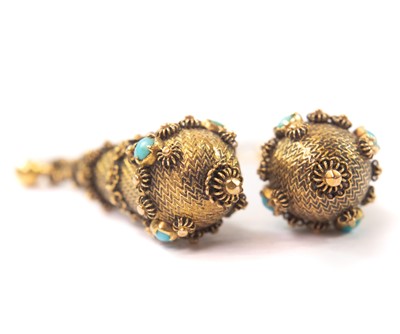 Lot 15 - A pair of Victorian gold turquoise set, engine turned and flower head applied drop earrings