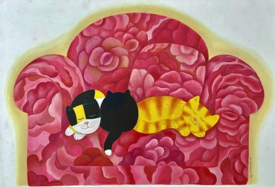 Lot 490 - Martin LEMAN (1934) Three Sleeping Cats Oil on...